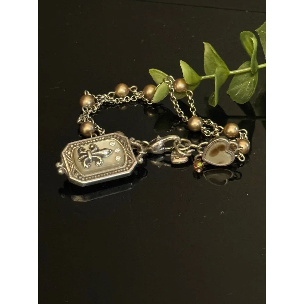 Brighton Fleur-de-Lis Mother of Pearl Heart Charm Pearl Double Strand Bracelet